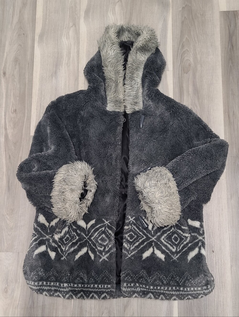 Y2k 90s Early 200s Nuage Cozy Hooded Faux Fur Coat - Charcoal Gray